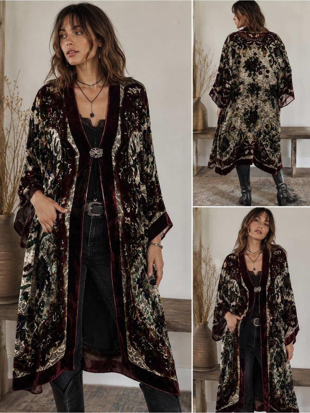 Vintage Silk Blend Burnout Velvet Duster Kimono Floral Lace Jacket Boho Romantic
